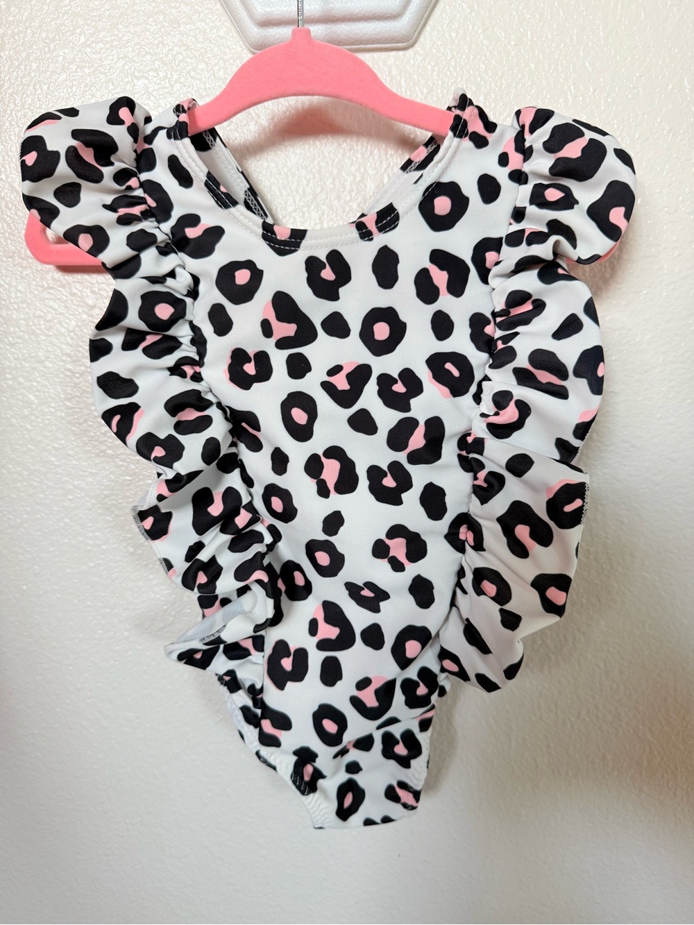 Girls White Leopard Print One-Piece Swimsuit with Pink Accents